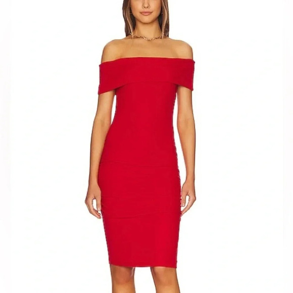 Michael Stars Ebony midi dress bodycon salsa cherry red holidays off shoulder - Picture 1 of 6